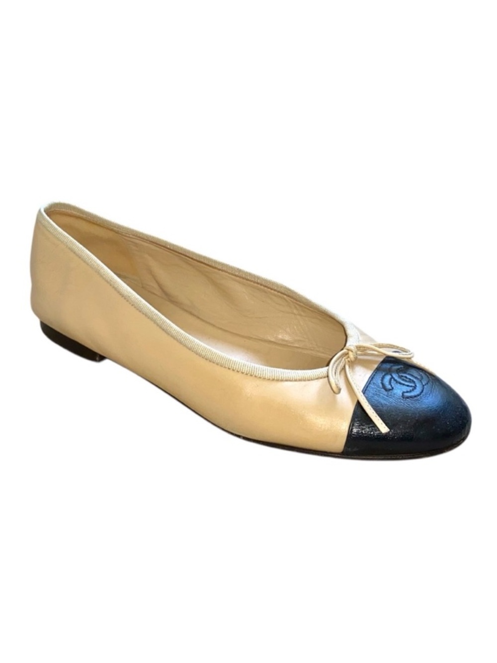Chanel Beige Black Lambskin Cap Toe CC Ballet Flats
